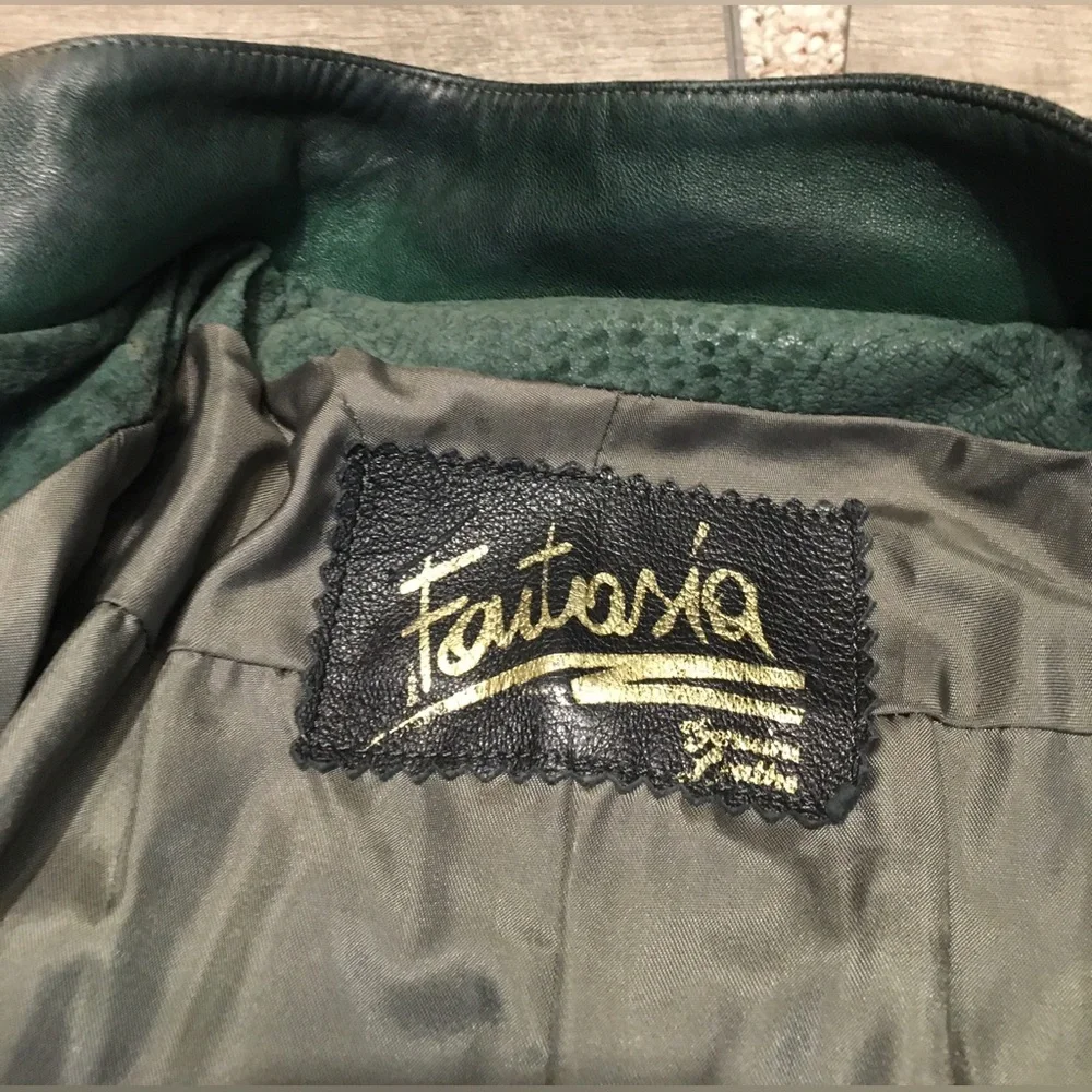 Vintage Fantasia Womens 80’s Bomber Coat Green Leather Oversized Jacket Sz Large